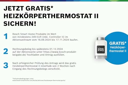 Werbung für kostenloses Heizkörperthermostat bei Kauf von Bosch Smart Home Produkten.