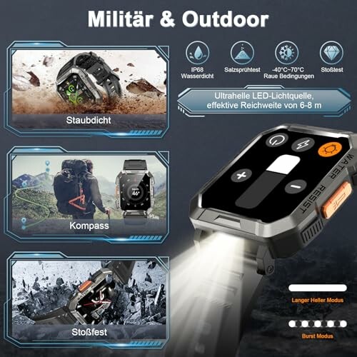 Militär und Outdoor Smartwatch mit Staubdichtheit, Kompass und Stoßfestigkeit.