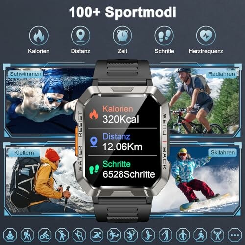 Smartwatch mit verschiedenen Sportmodi und Fitnessdaten.