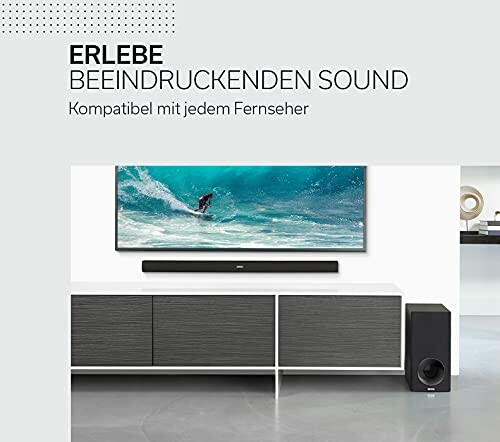 Soundbar und Subwoofer unter einem Fernseher mit Surferbild