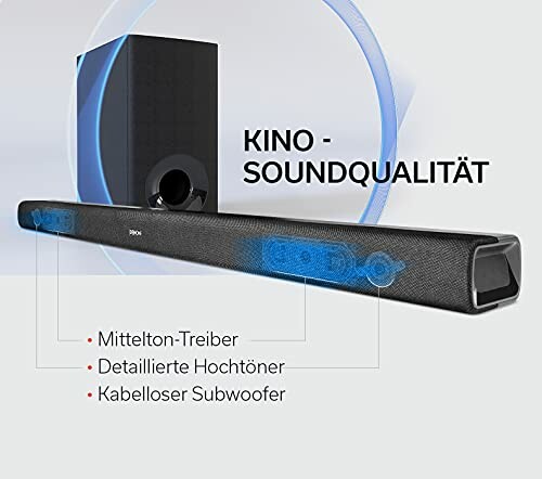 Soundbar mit Subwoofer und Text zur Kino-Soundqualität.